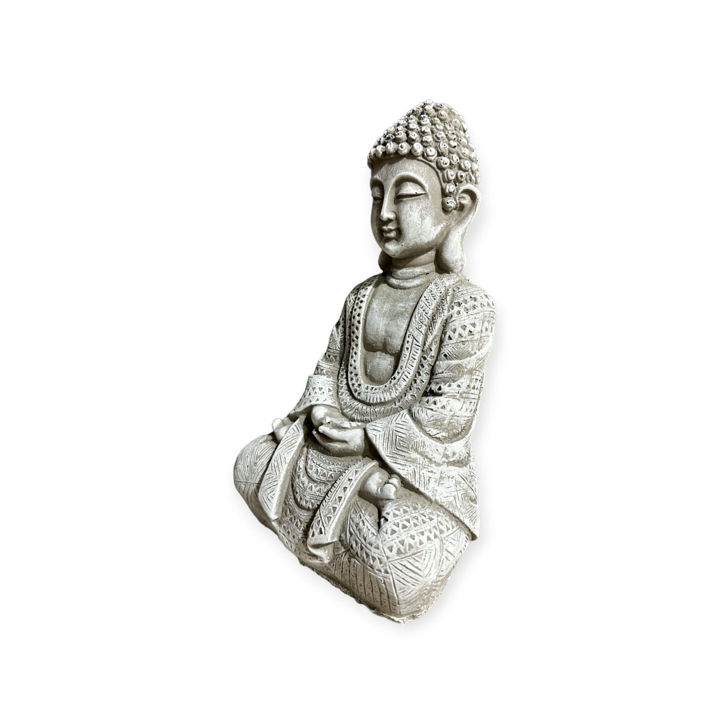 Frostsichere sitzende Buddha Steinfigur - Handgefertigt in Deutschland - H 22cm x B 14cm x T 8cm Grau/Weiß