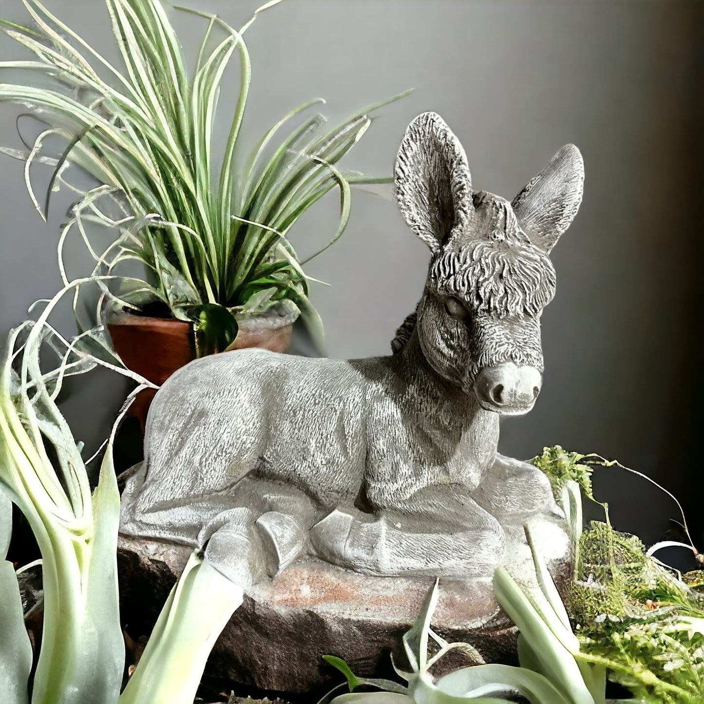 Liegender Esel aus Stein - Natürlicher Charme für Ihren Garten (H/B/T: 26/32/17 cm) in Grau/Weiß