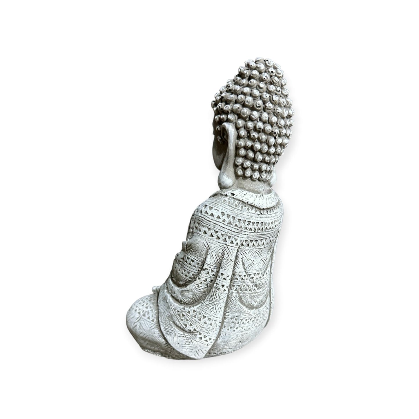 Frostsichere sitzende Buddha Steinfigur - Handgefertigt in Deutschland - H 22cm x B 14cm x T 8cm Grau/Weiß