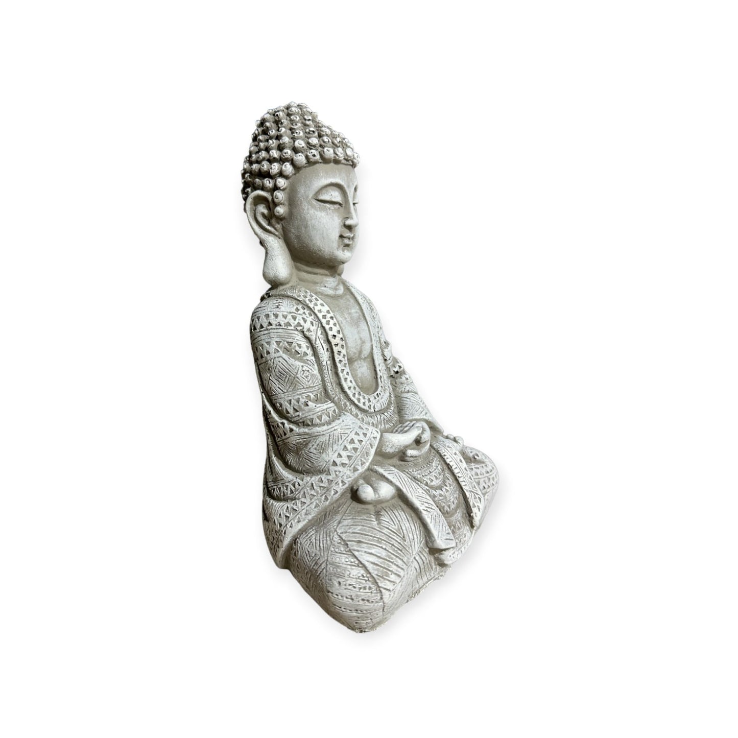 Frostsichere sitzende Buddha Steinfigur - Handgefertigt in Deutschland - H 22cm x B 14cm x T 8cm Grau/Weiß