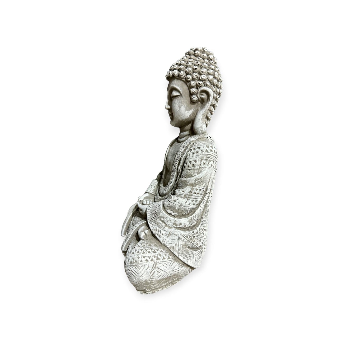 Frostsichere sitzende Buddha Steinfigur - Handgefertigt in Deutschland - H 22cm x B 14cm x T 8cm Grau/Weiß