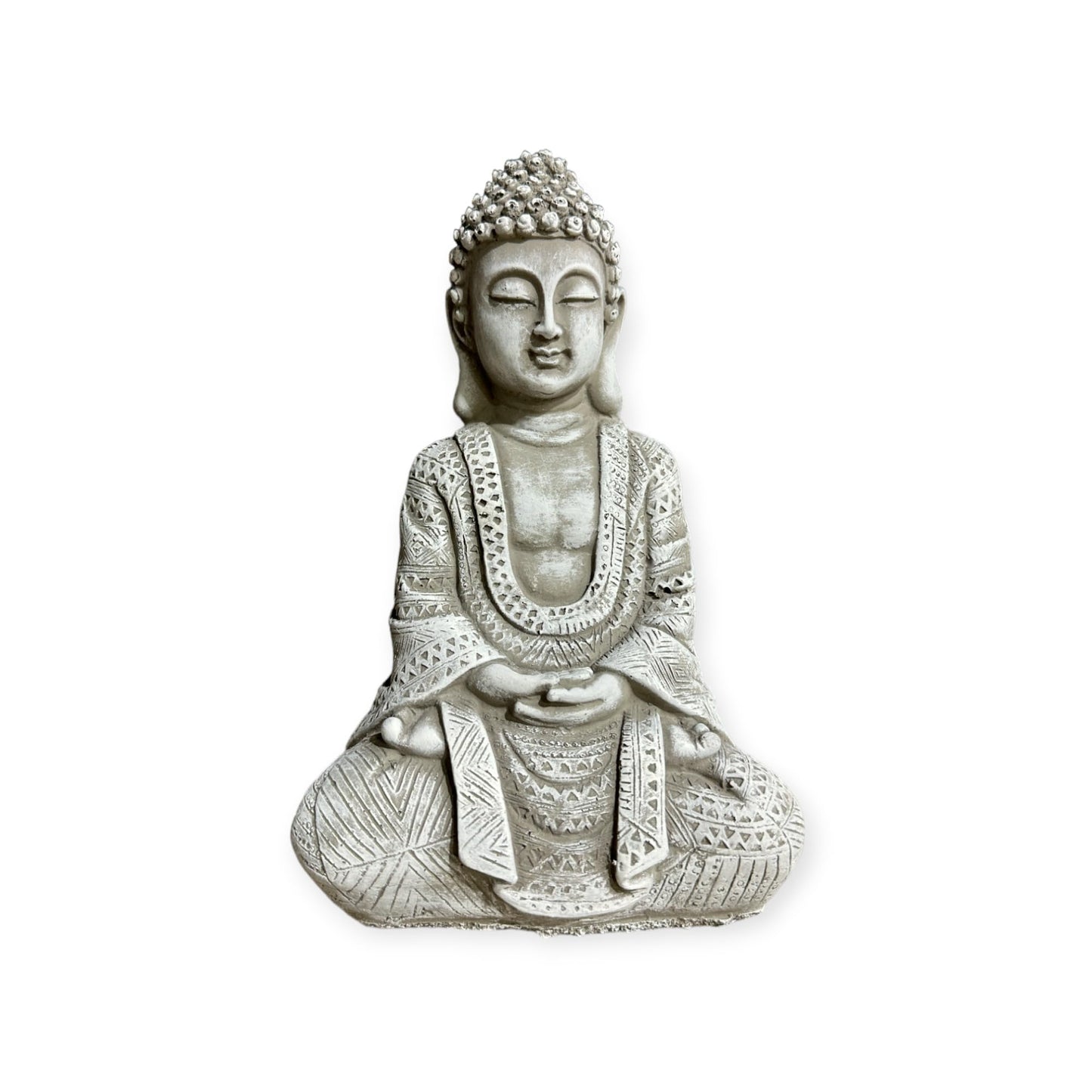 Frostsichere sitzende Buddha Steinfigur - Handgefertigt in Deutschland - H 22cm x B 14cm x T 8cm Grau/Weiß