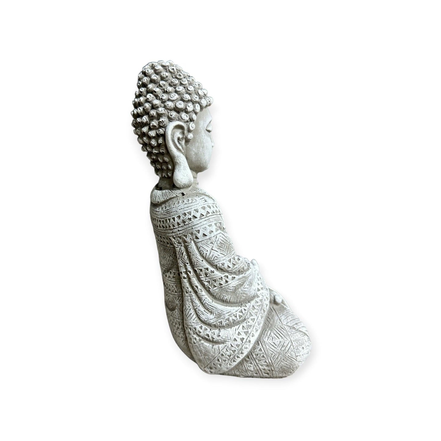 Frostsichere sitzende Buddha Steinfigur - Handgefertigt in Deutschland - H 22cm x B 14cm x T 8cm Grau/Weiß