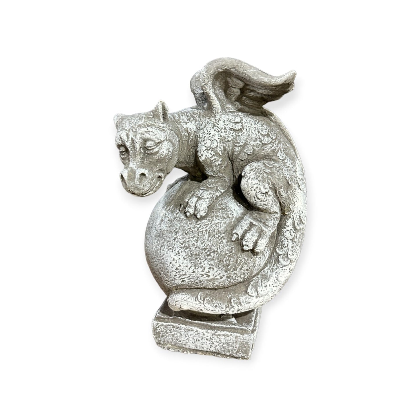 Drache auf Kugel: Massive Steinfigur, Steinguss, 8kg, 32x19x18cm,