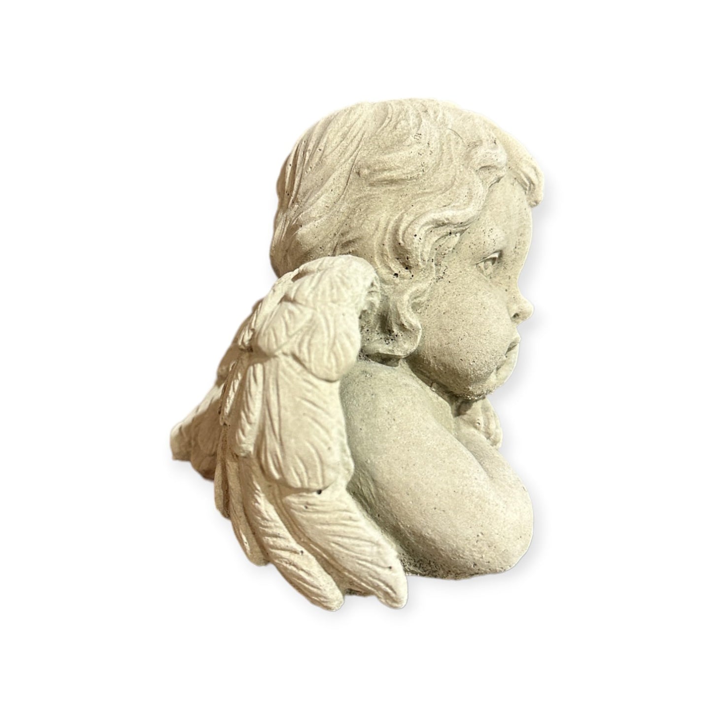 Kleine Engel-Steinfigur als sentimentale Dekoration. Gewicht: 2,2 kg; Maße: 14 cm Höhe, 16 cm Breite, 11 cm Tiefe. Frostsicherer Steinguss aus eigener Produktion in Deutschland.