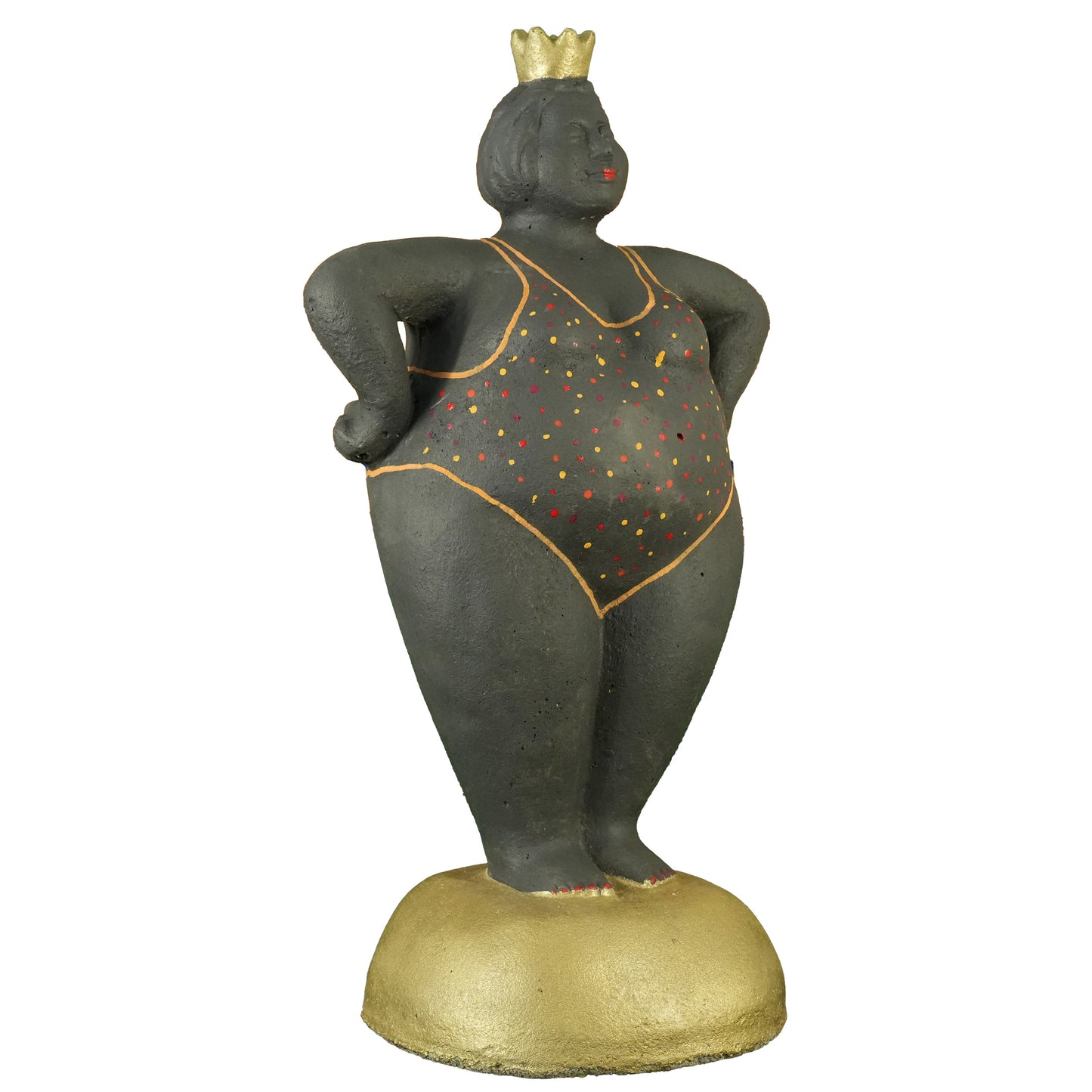 Dicke Dame stehend – Handbemaltes Unikat in Schwarz mit goldener Krone | Frostfeste Gartenfigur