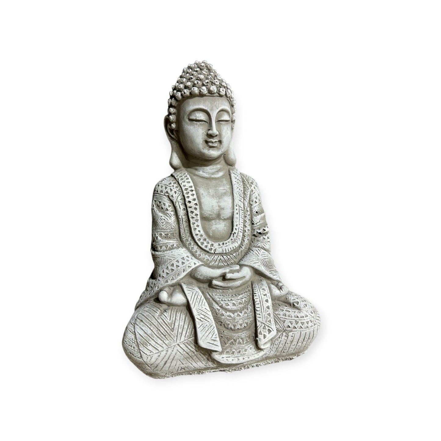 Frostsichere sitzende Buddha Steinfigur - Handgefertigt in Deutschland - H 22cm x B 14cm x T 8cm Grau/Weiß