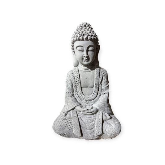 Frostsichere sitzende Buddha Steinfigur - Handgefertigt in Deutschland - H 22cm x B 14cm x T 8cm in Grau