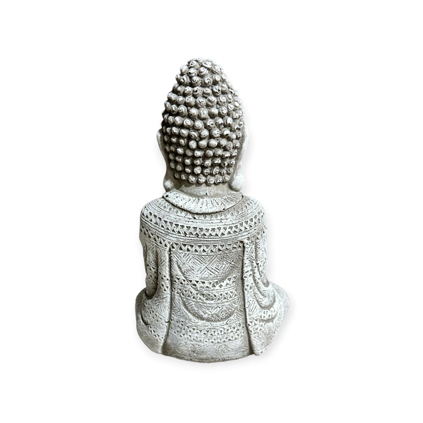 Frostsichere sitzende Buddha Steinfigur - Handgefertigt in Deutschland - H 22cm x B 14cm x T 8cm Grau/Weiß