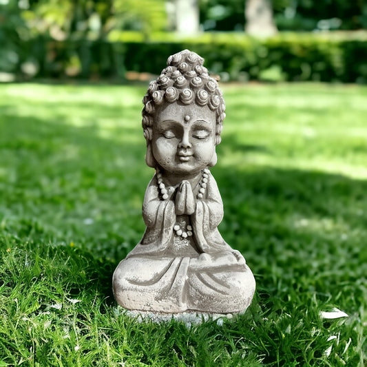 Liebenswerter Gartenmönch - Kleine Mönch-Figur für Zauberhafte Gärten (Maße H/B/T 26/12/9 cm, ca. 2,25 kg) Frostsichere Steinfigur aus Beton Grau/Weiß