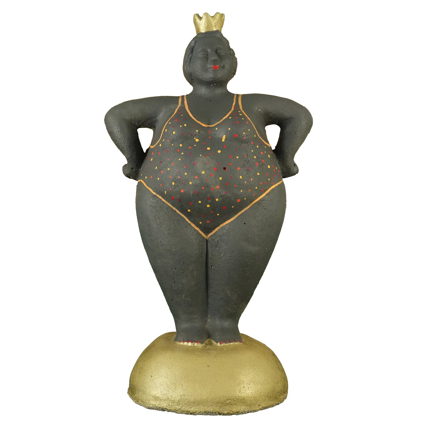 Dicke Dame stehend – Handbemaltes Unikat in Schwarz mit goldener Krone | Frostfeste Gartenfigur