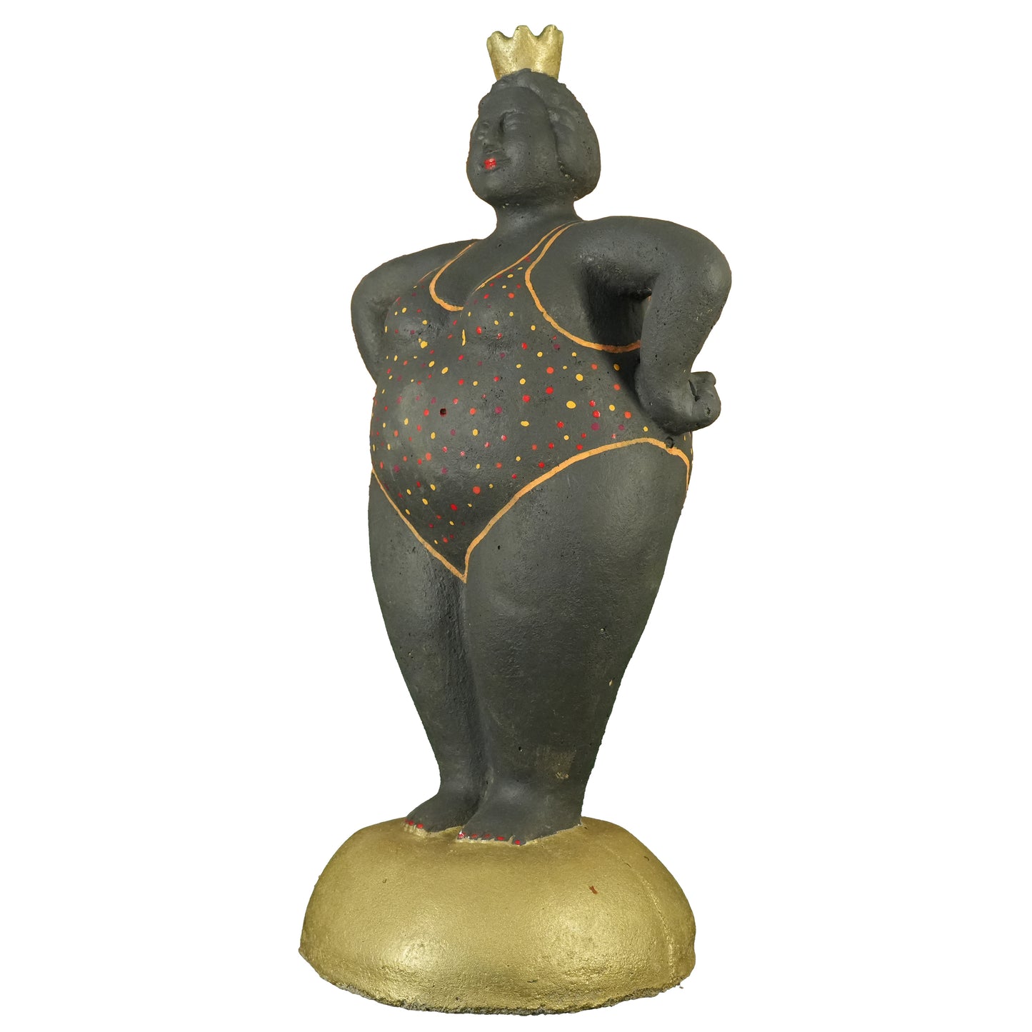 Dicke Dame stehend – Handbemaltes Unikat in Schwarz mit goldener Krone | Frostfeste Gartenfigur