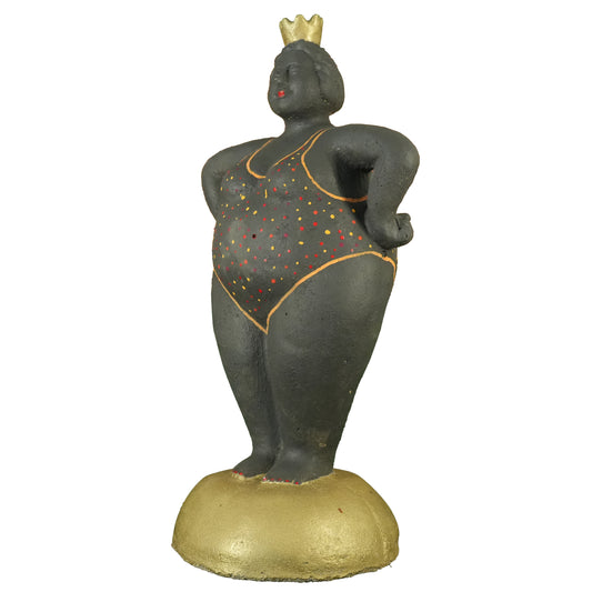 Dicke Dame stehend – Handbemaltes Unikat in Schwarz mit goldener Krone | Frostfeste Gartenfigur